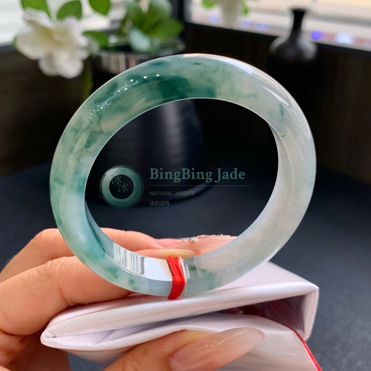 Icy Celadon with Floating Emerald Clouds Bangle 51.6mm
