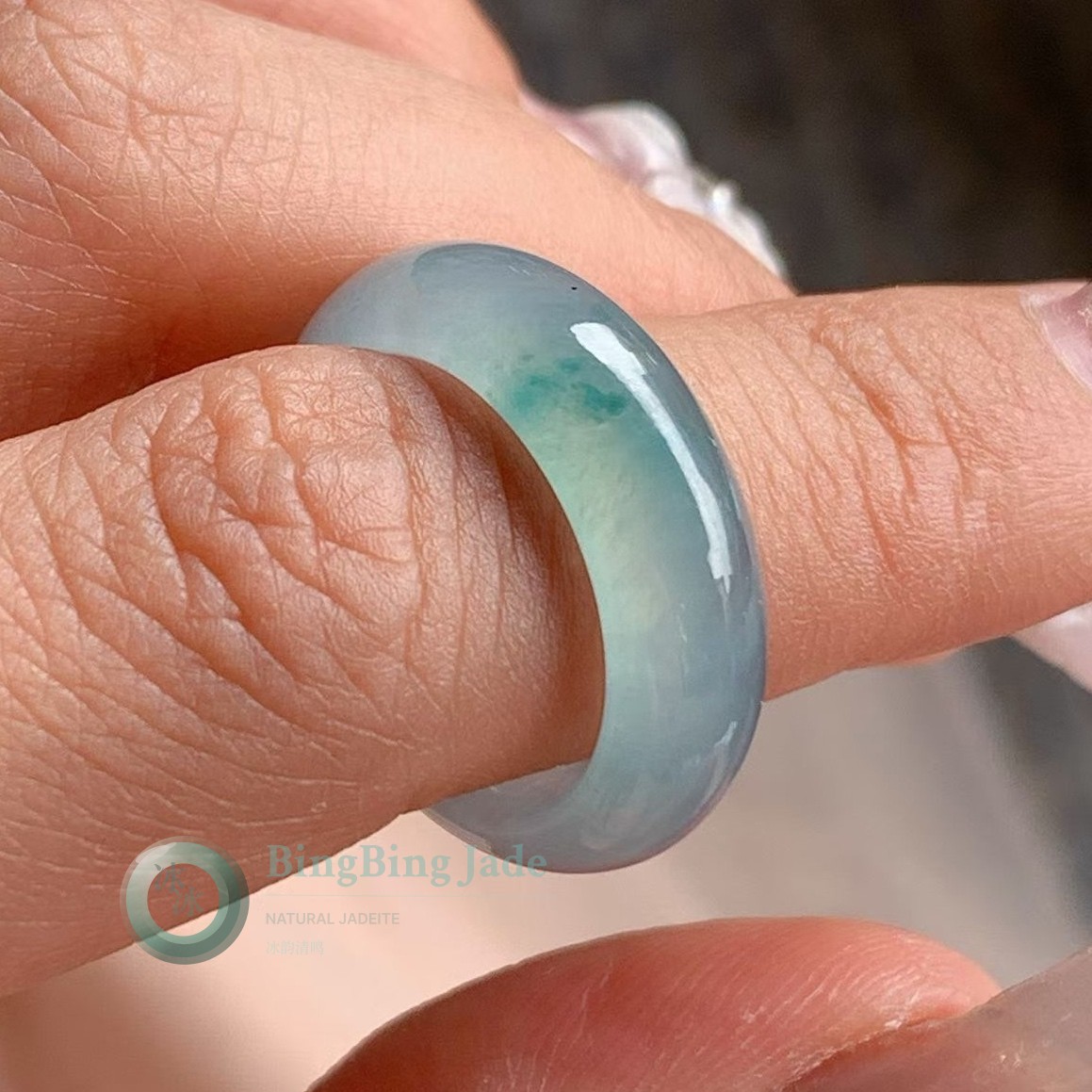Icy Emerald Blue Jadeite Ring with Floating Green Kiss Size 5.5-6 US