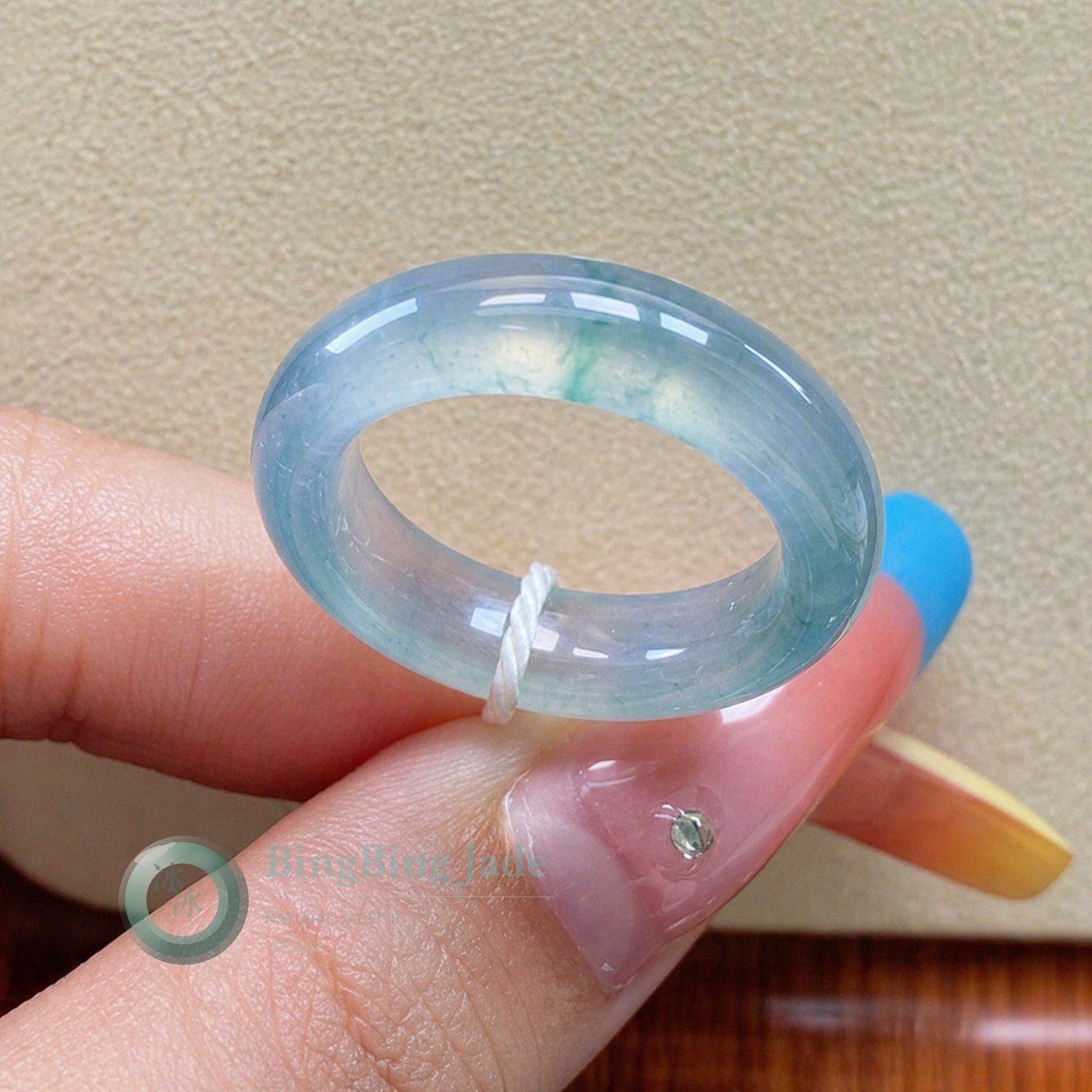 Icy Glacier Blue Jadeite Ring with Floating Green Wisps 17.5mm (US 6.75 - 7)