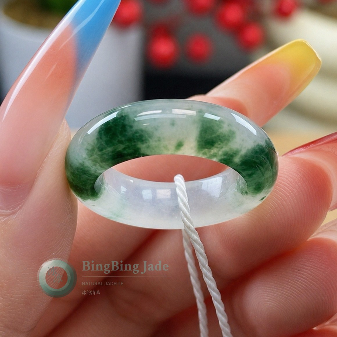Translucent Band with Deep Moss Blooms — Jadeite Ring 16.5mm (US 5.5)