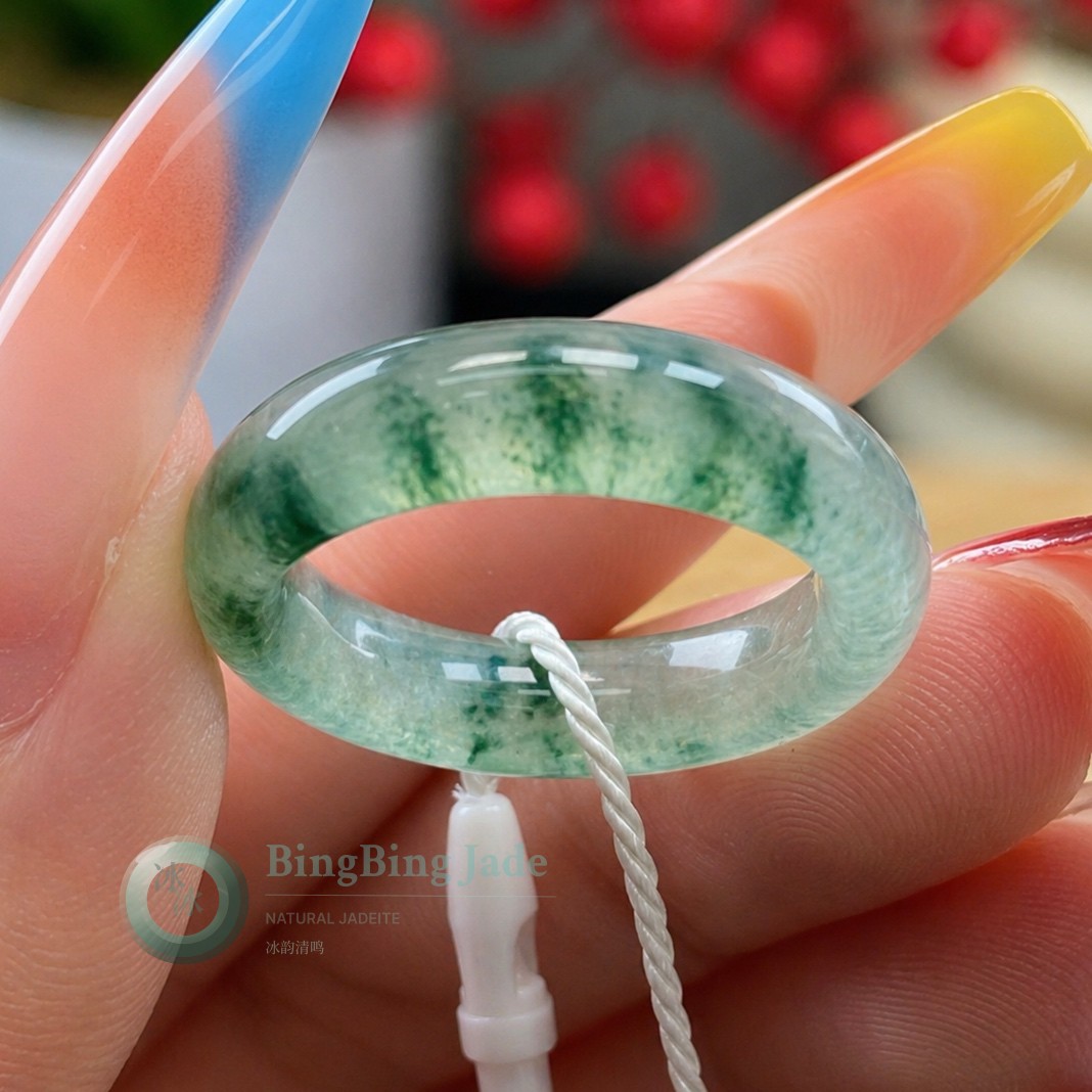 Mossy Bloom in Icy Jelly — Floating Green Jadeite Ring 17.5mm (US 6.5-7)