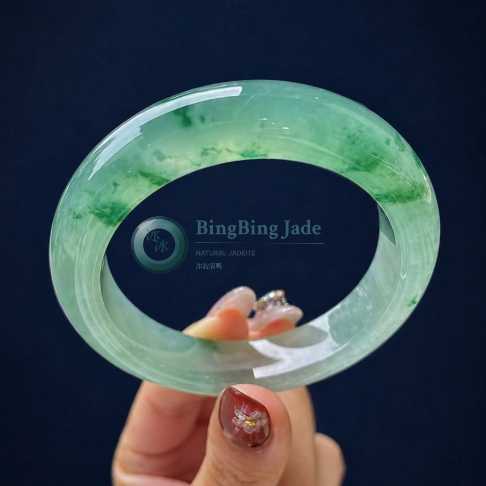 Icy Floating Emerald Clouds — Old-Stock Jadeite Bangle 52mm