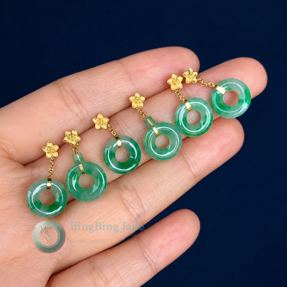 Vivid Spring Green Donut Drop Earrings with Gold Floral Studs
