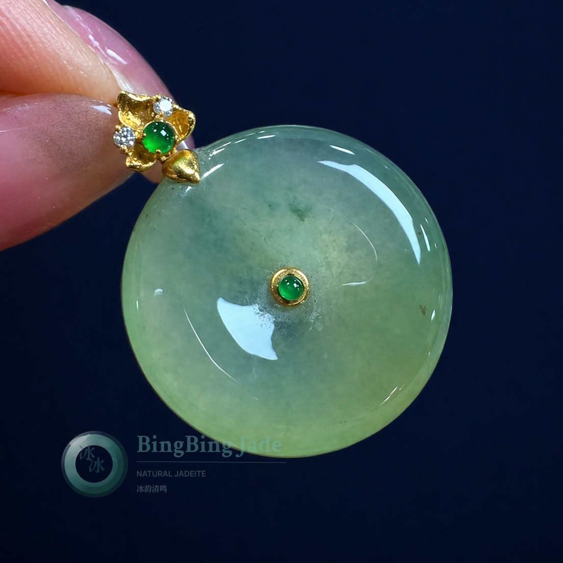 Soft Celadon Glow with Emerald Heart — Jadeite Donut Pendant with 18K Gold Bail