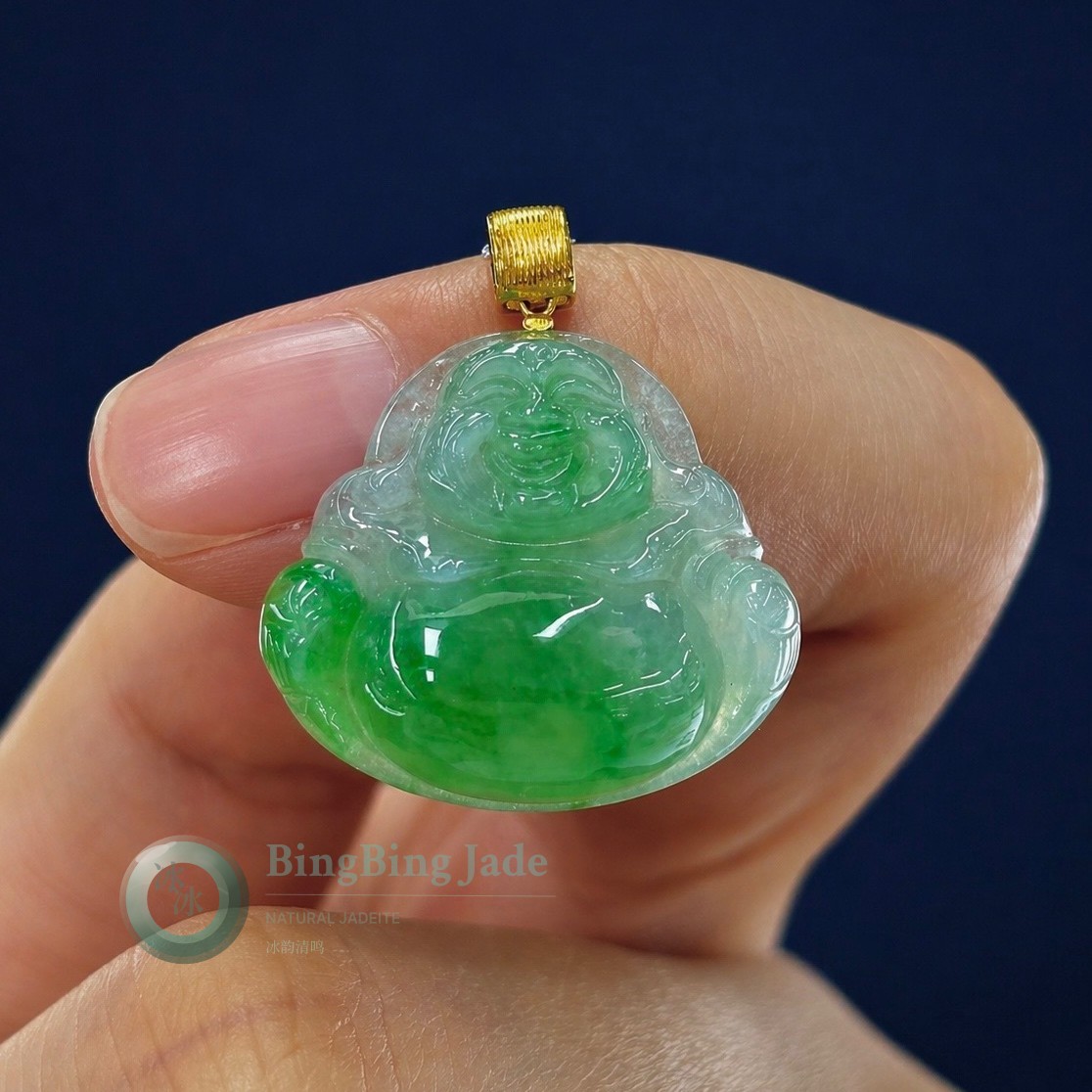 Floating Emerald Laughing Buddha Pendant in Green Jadeite with 18K Gold Bail