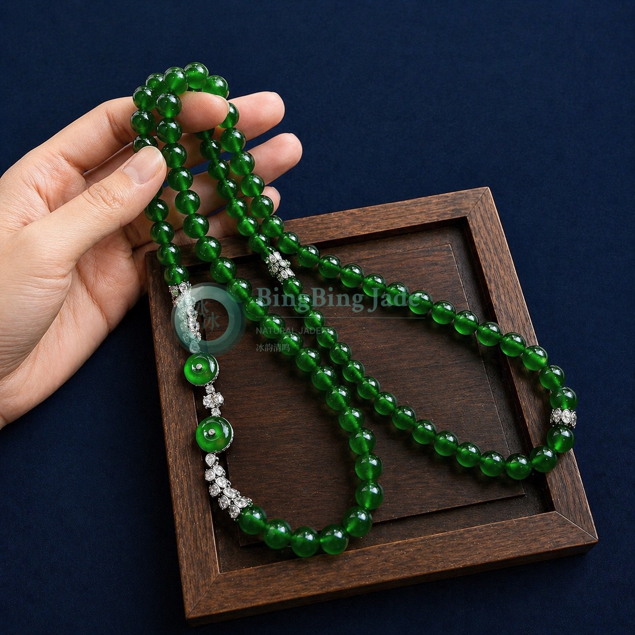 Imperial Green Glass-Bodied Jadeite Bead Necklace with Diamond Accents