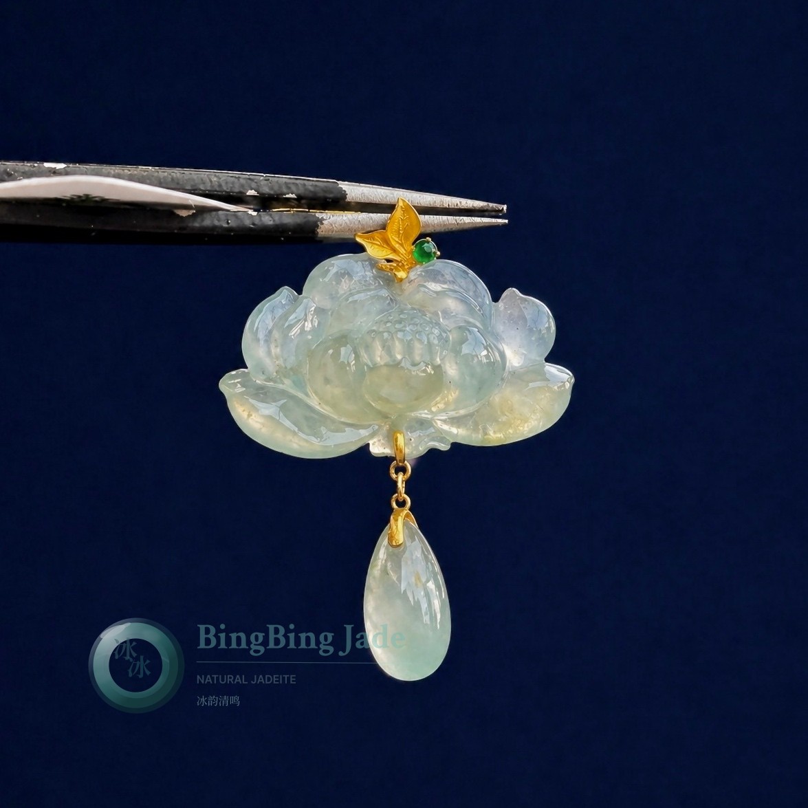Icy Lotus Blossom Pendant with 18K Gold Bail and Emerald Accent