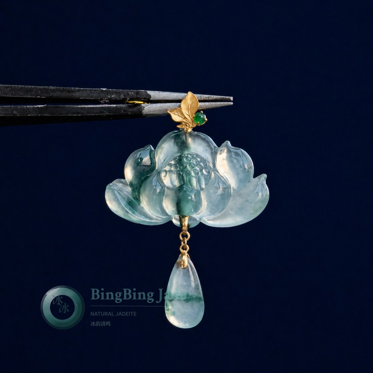 Icy Lotus Blossom Pendant with 18K Gold Bail and Teardrop Drop