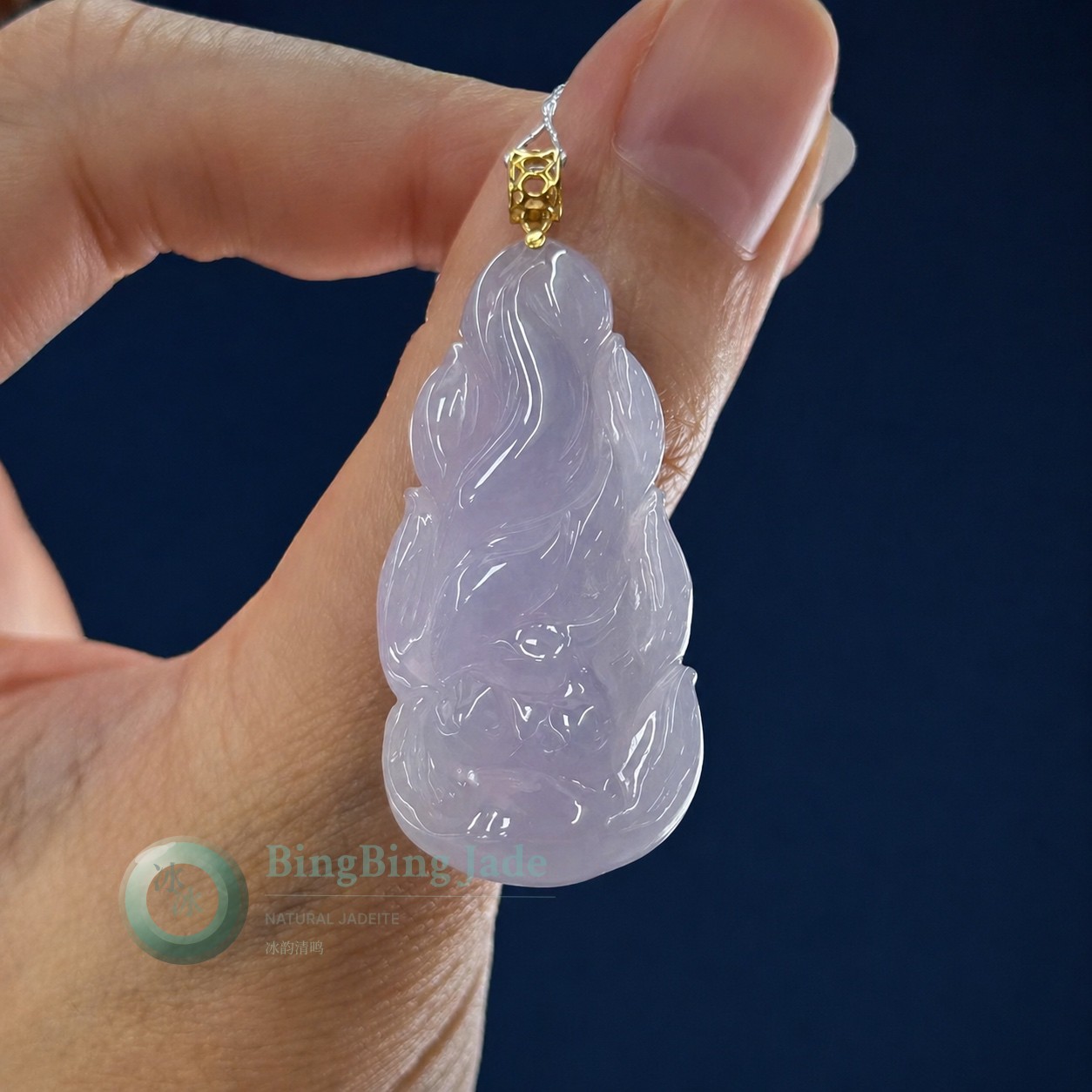 Lavender Mist Nine-Tailed Fox Pendant — Smooth Translucent Lilac Jadeite