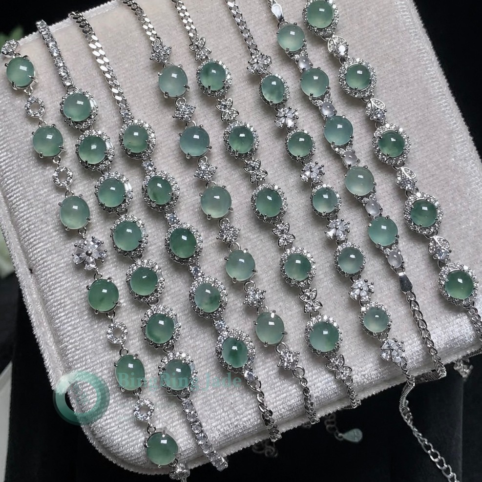 Icy Seafoam Cabochon Jadeite Bracelet in Sterling Silver
