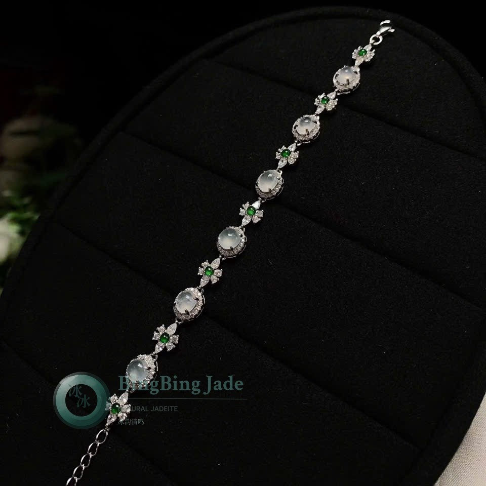 Icy Moonlit Cabochons with Emerald Florets — Silver Jadeite Bracelet