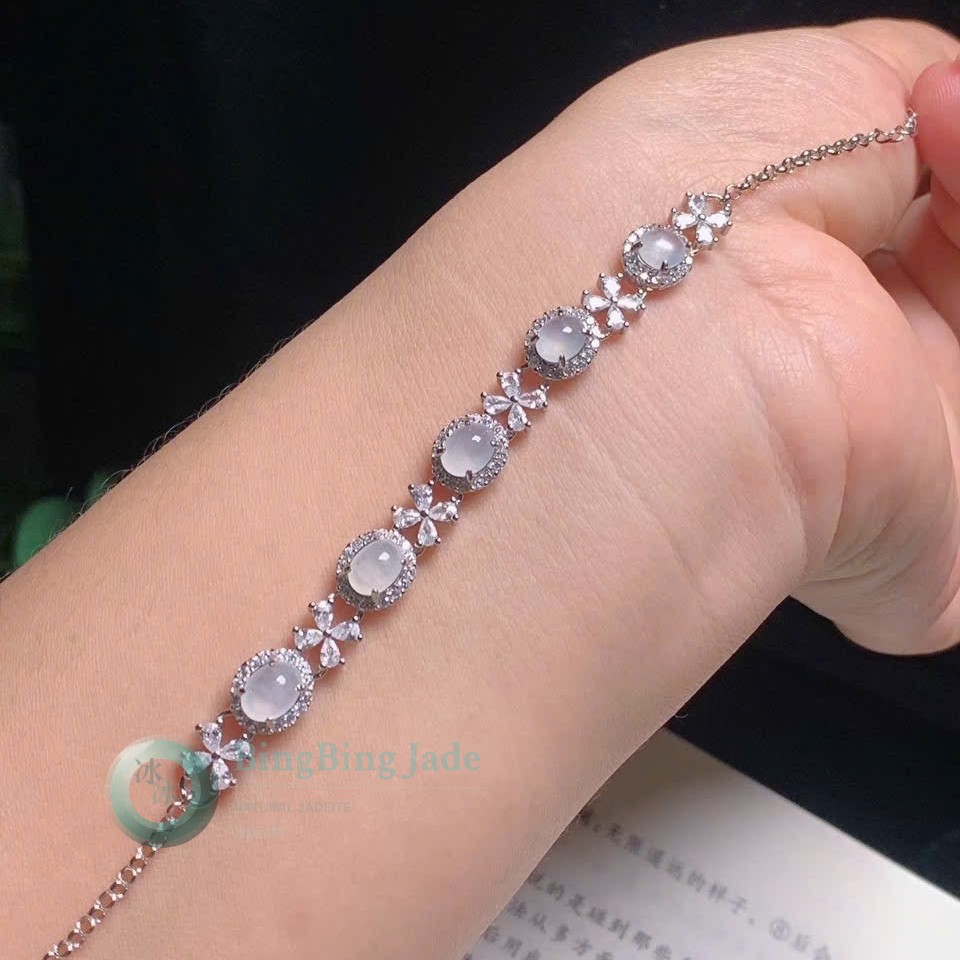 Icy Moonstone-White Jadeite Cabochon Bracelet with Floral Moissanite Setting