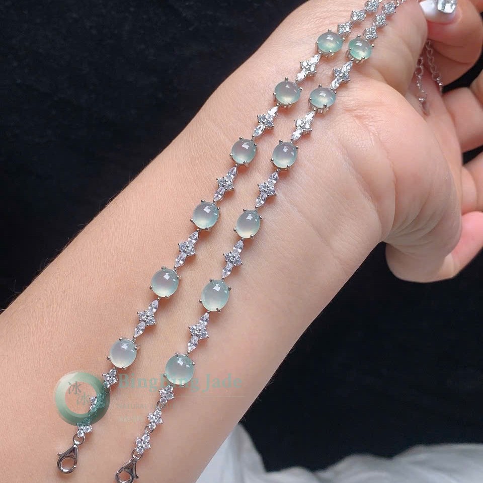 Icy Moonlit Cabochon Jadeite Bracelet in Sterling Silver & Moissanite