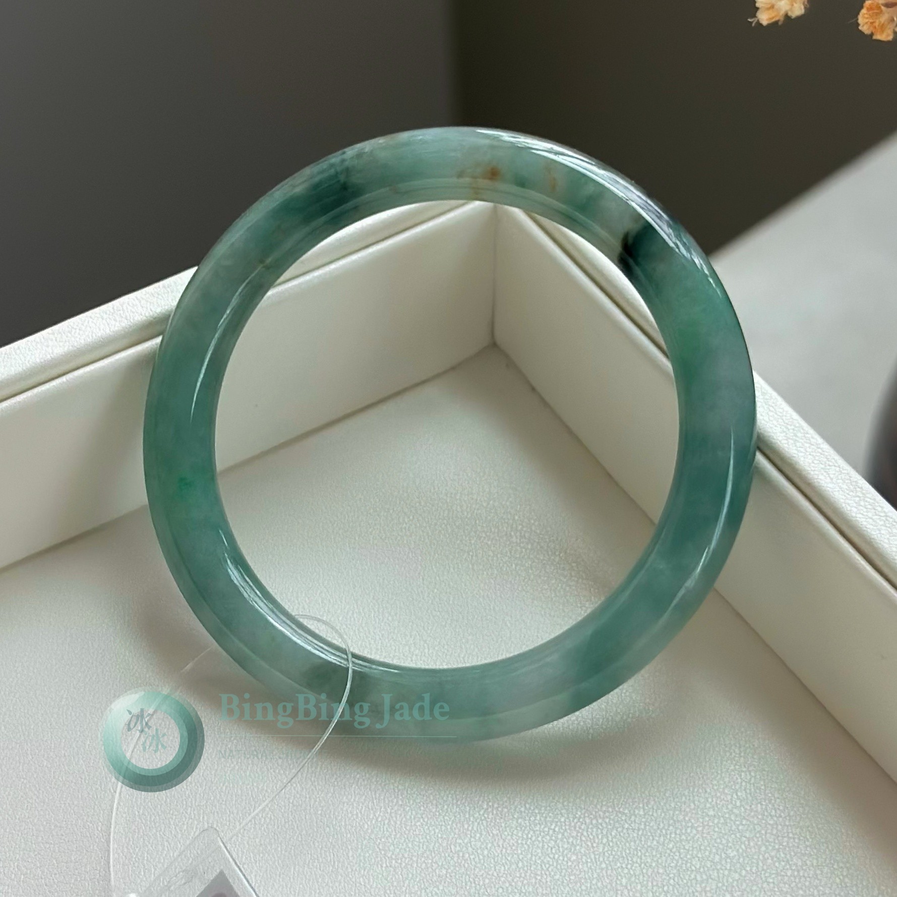 Mossy Seafoam with Ink Wisps and Koi Spot — Jadeite Bangle