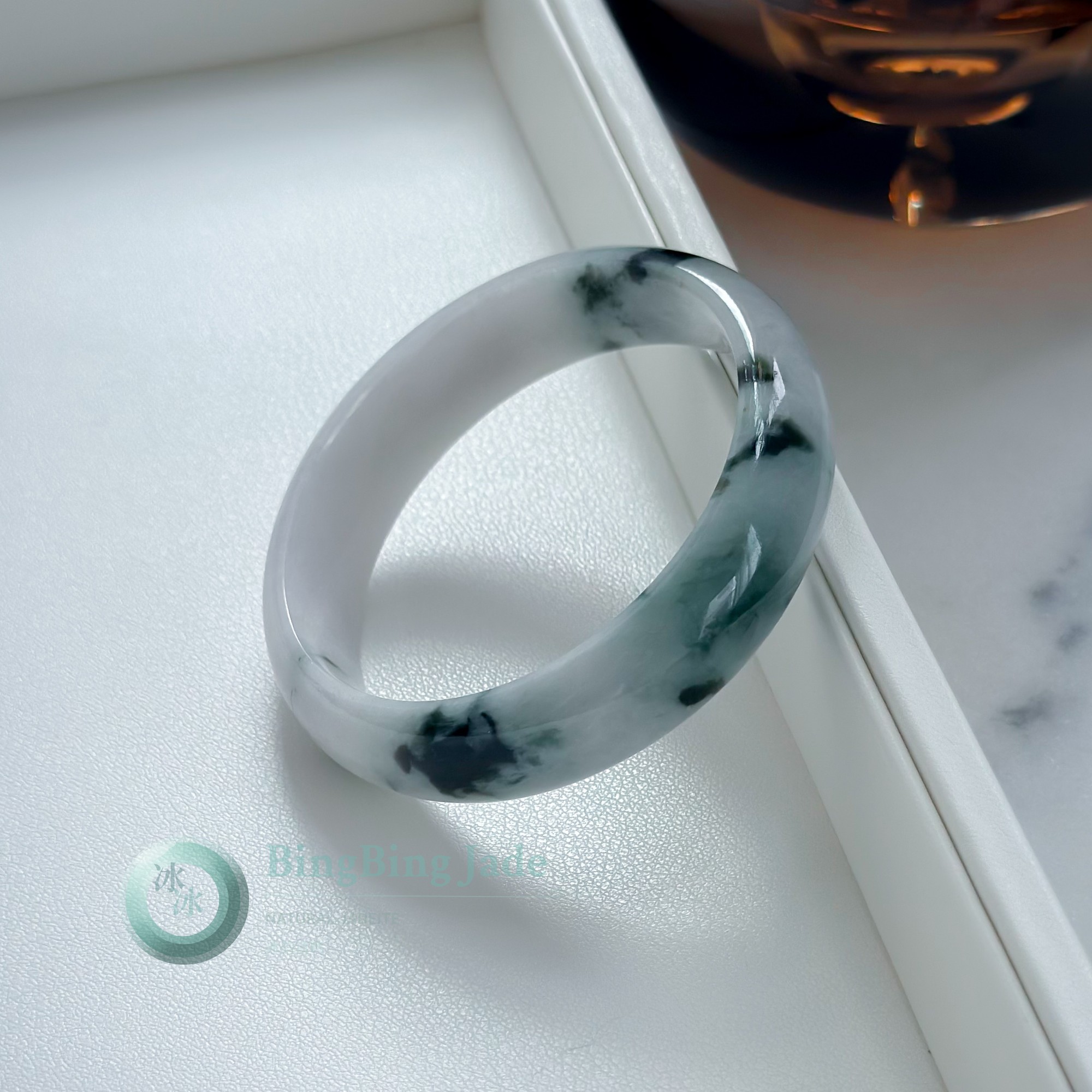 Misty Ivory with Ink Splash Accents Jadeite Bangle