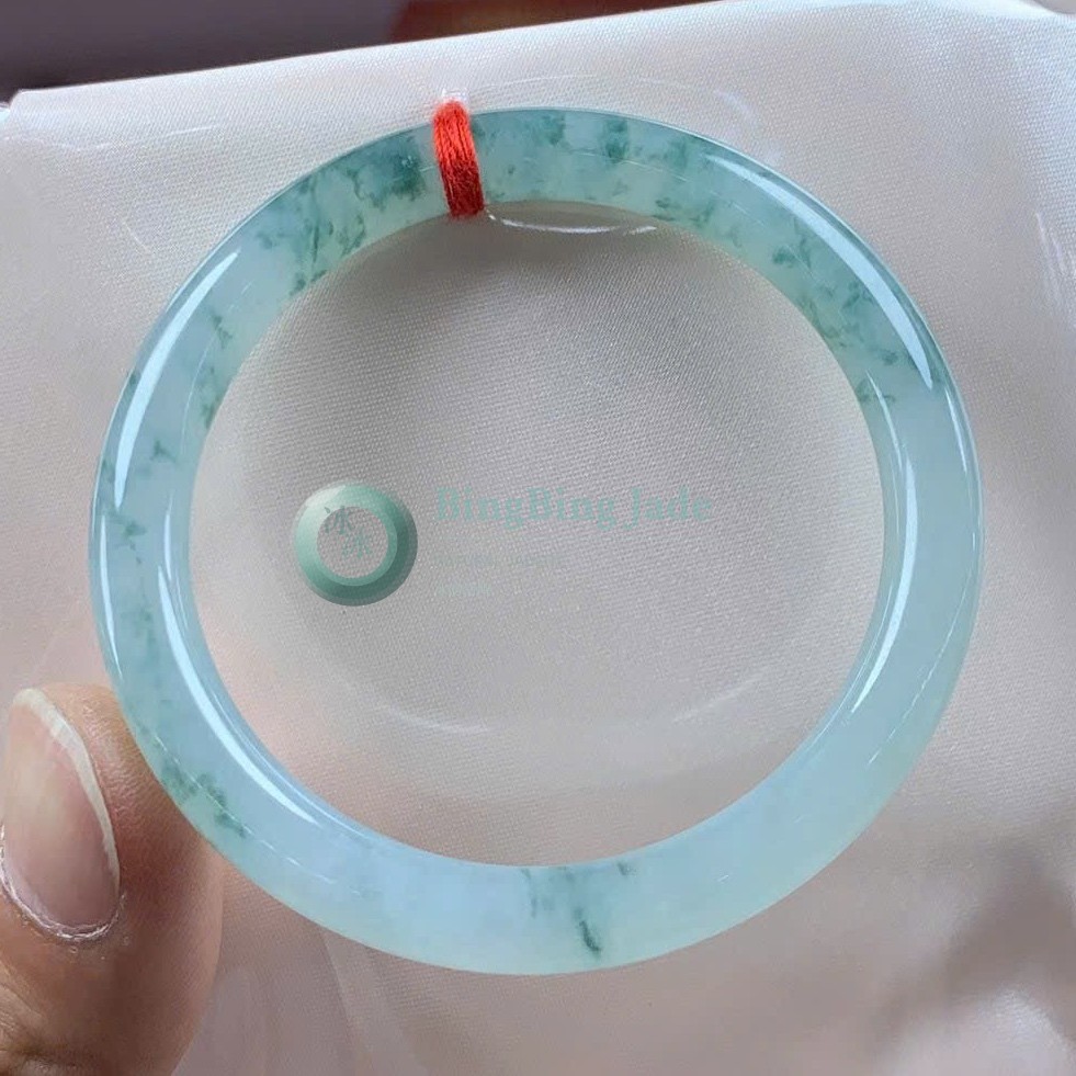 Icy Aqua Jelly Bangle with Floating Green Wisps 53mm
