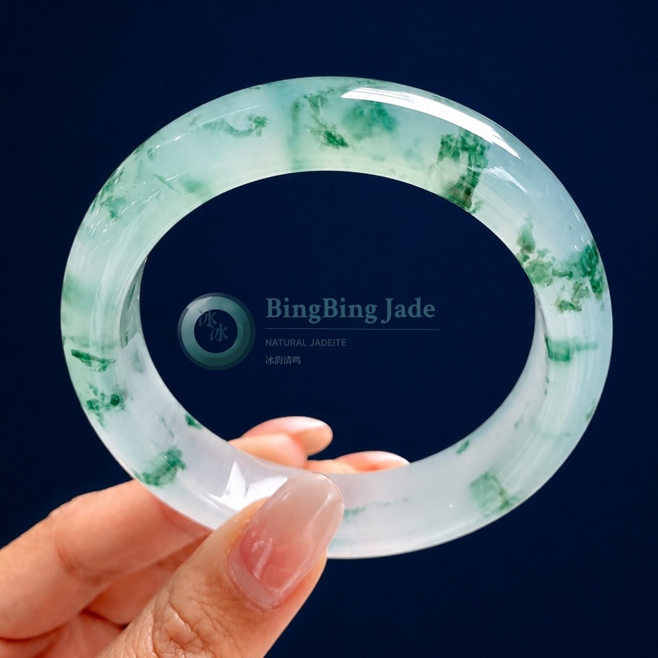 Icy Translucent Bangle with Vivid Emerald Blooms 55mm