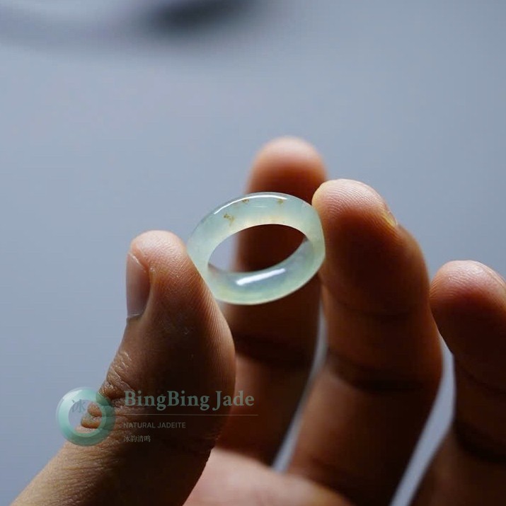 Icy Light Green Jadeite Ring — Delicate Feather Motif