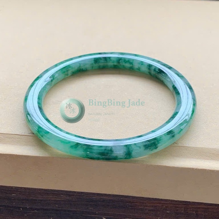 Emerald Bloom on Pale White Jadeite Bangle 53mm