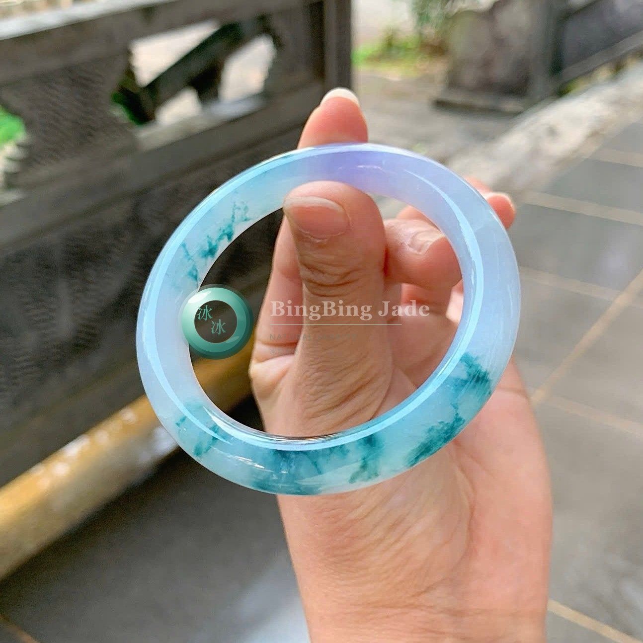 Icy Blue with Floating Emerald Bangle 52mm | BingBing Jade