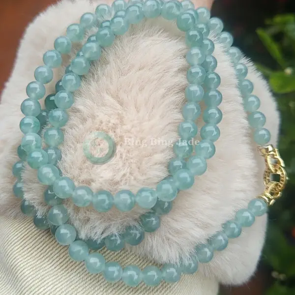 Celestial Sky Blue-Greenish Hue Jadeite Bead Necklace 6.3mm