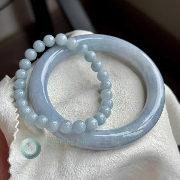 Lavender-Blue Mist Glutinous Jadeite Bangle & Bead Bracelet Set 60mm