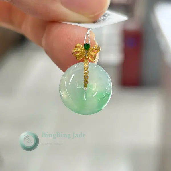 Spring Float Jadeite Donut Pendant with 18K Gold Dragonfly Bail