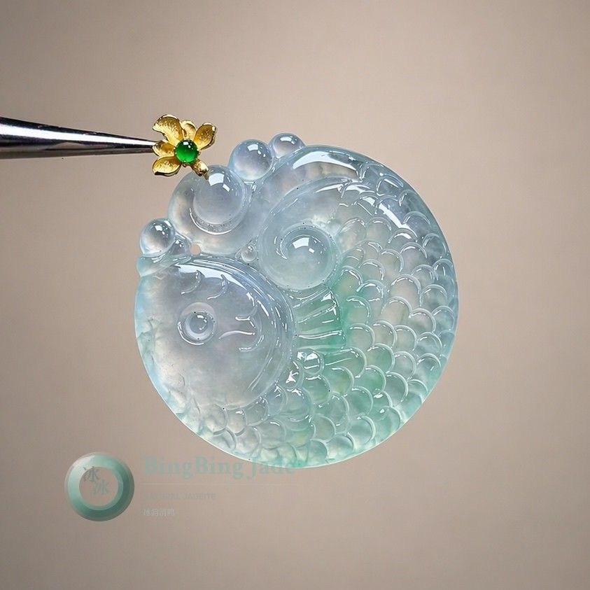 Icy Lucky Fish Pendant with Floating Spring Green