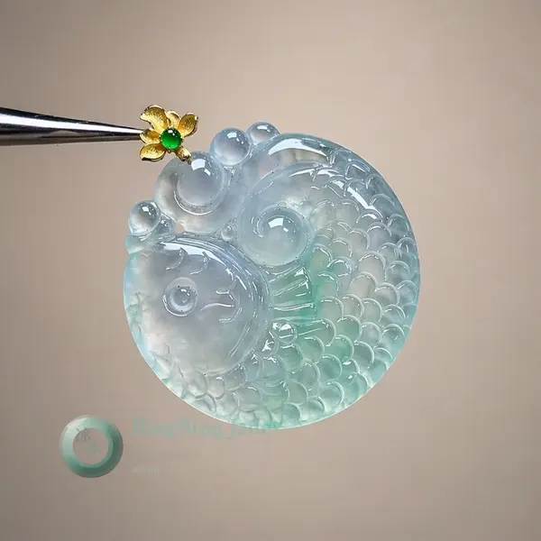 Icy Lucky Fish Pendant with Floating Spring Green