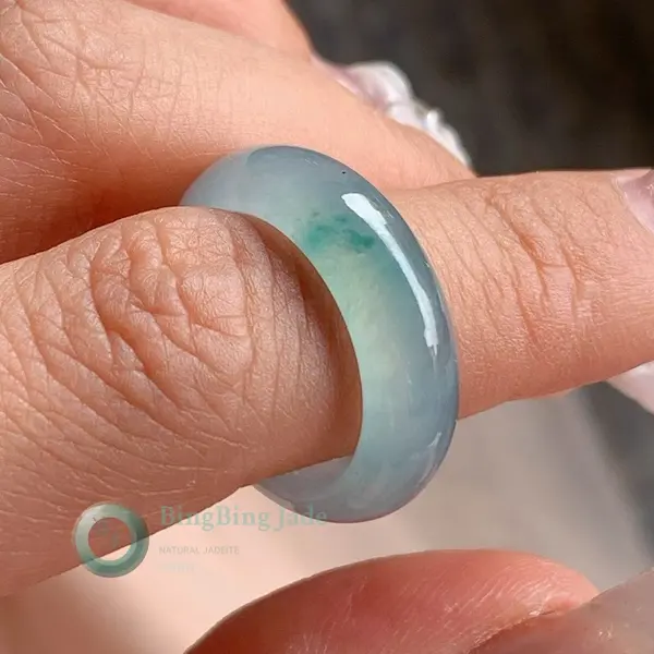 Icy Emerald Blue Jadeite Ring with Floating Green Kiss Size 5.5-6 US
