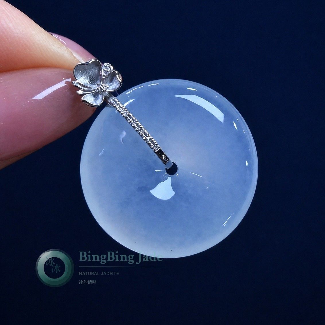 Icy Moonlight Jadeite Ping An Kou Pendant 24mm with 18K Gold Bail