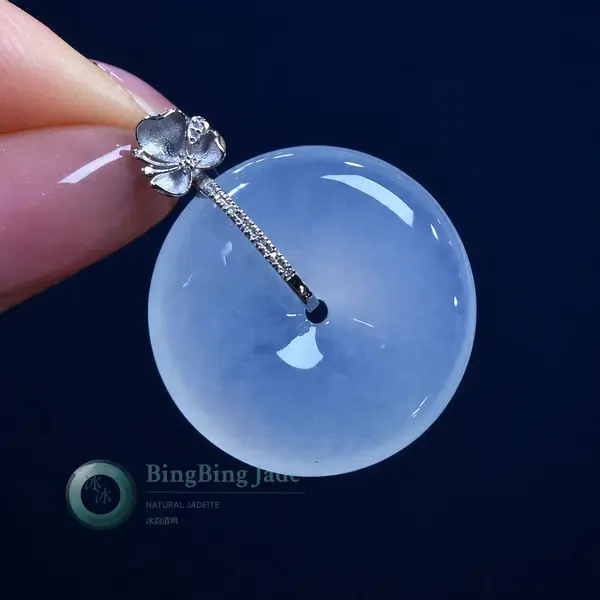 Icy Moonlight Jadeite Ping An Kou Pendant 24mm with 18K Gold Bail