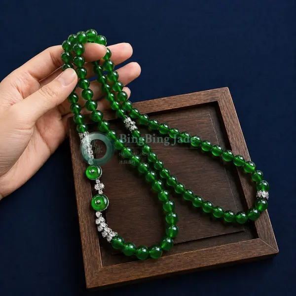 Imperial Green Glass-Bodied Jadeite Bead Necklace with Diamond Accents