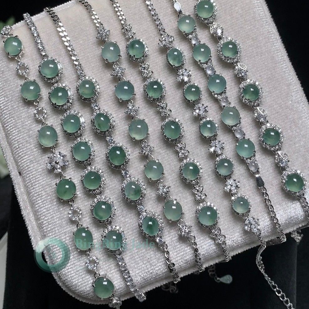 Icy Seafoam Cabochon Jadeite Bracelet in Sterling Silver