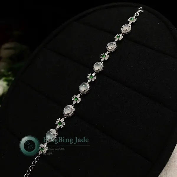 Icy Moonlit Cabochons with Emerald Florets — Silver Jadeite Bracelet