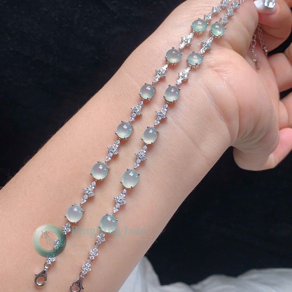 Icy Moonlit Cabochon Jadeite Bracelet in Sterling Silver & Moissanite