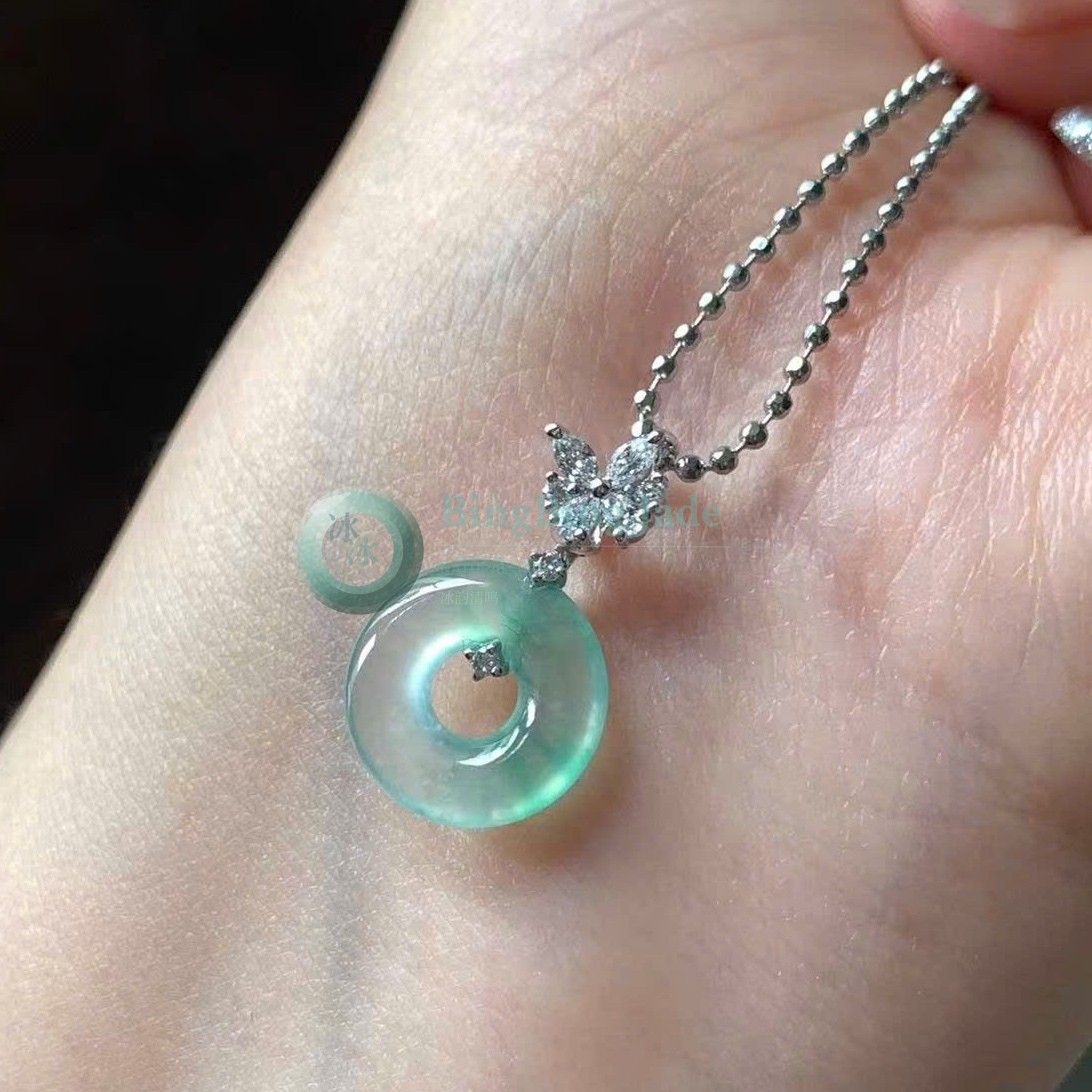 Cool Mint Donut Pendant with Diamond Butterfly 18K Bail Necklace