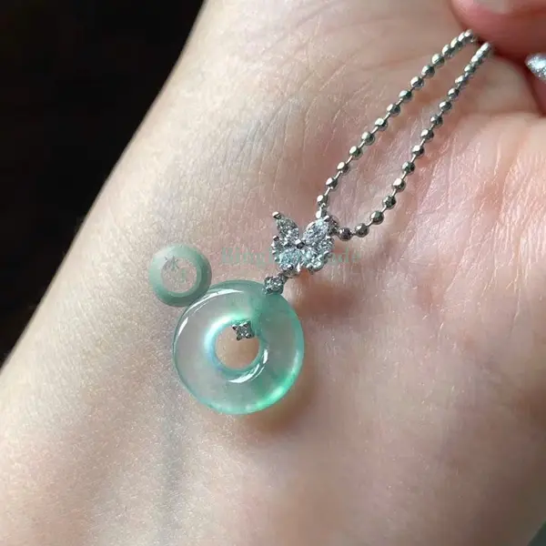Cool Mint Donut Pendant with Diamond Butterfly 18K Bail Necklace