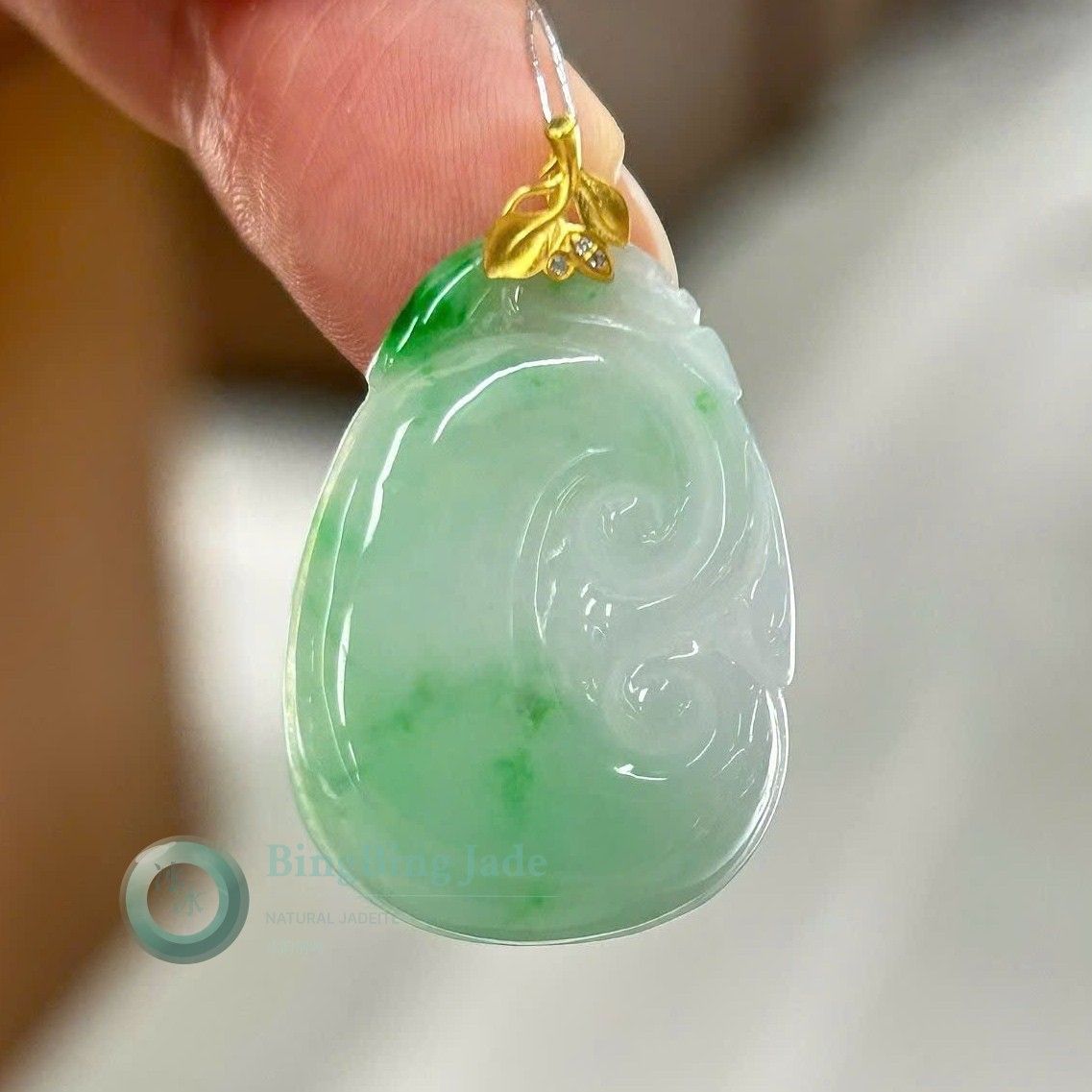 Spring Bloom Ruyi Pendant — Floating Emerald Wisps in Icy Celadon