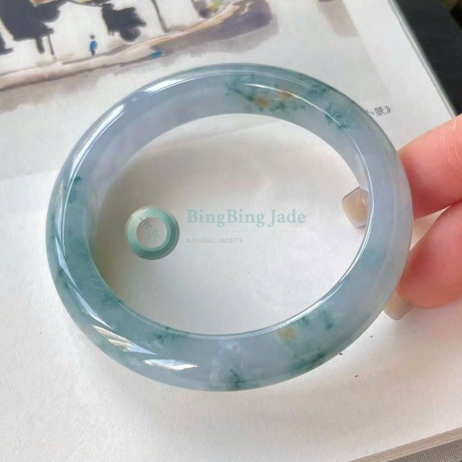 Misty Blue Jelly Bangle with Floating Teal Blooms 52mm