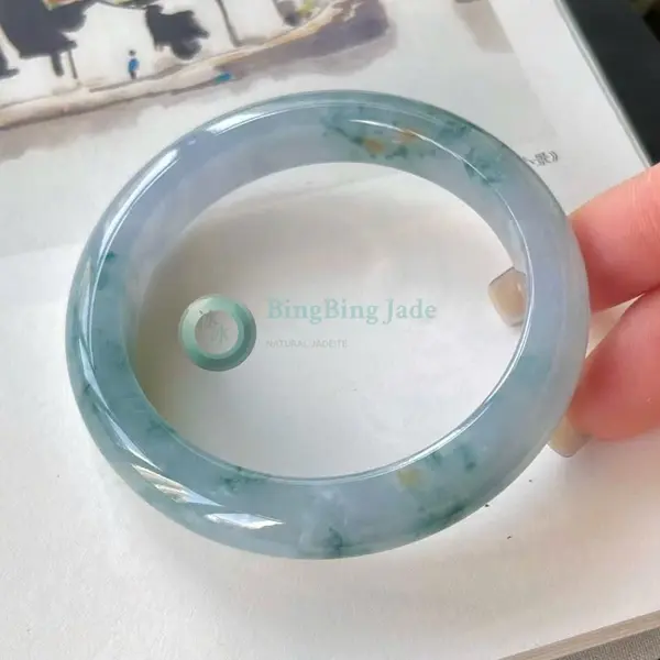 Misty Blue Jelly Bangle with Floating Teal Blooms 52mm