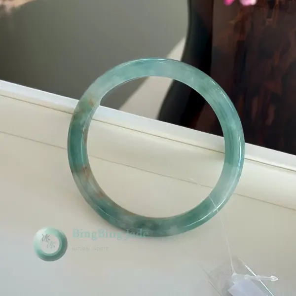 Emerald-Teal with Koi Kiss Accents — Jadeite Bangle 54.2mm
