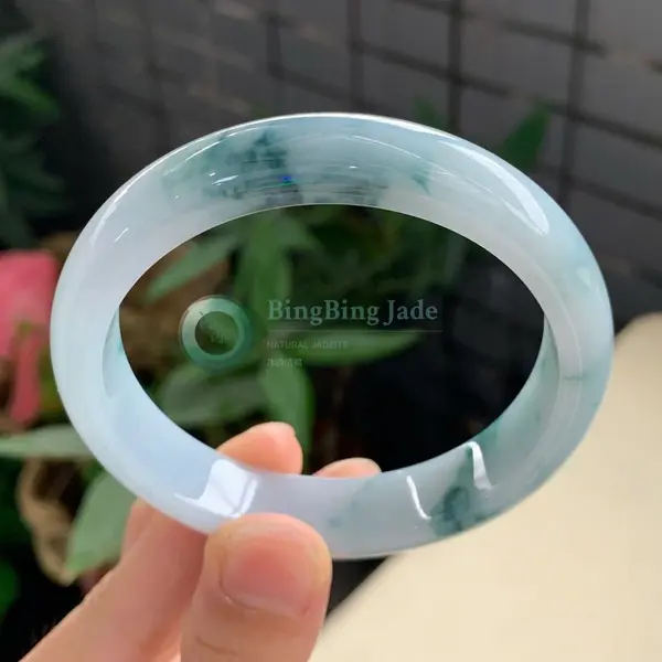 White Mist with Floating Teal Blooms Bangle 59.5mm