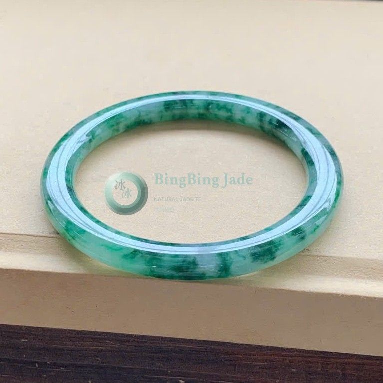Emerald Bloom on Pale White Jadeite Bangle 53mm