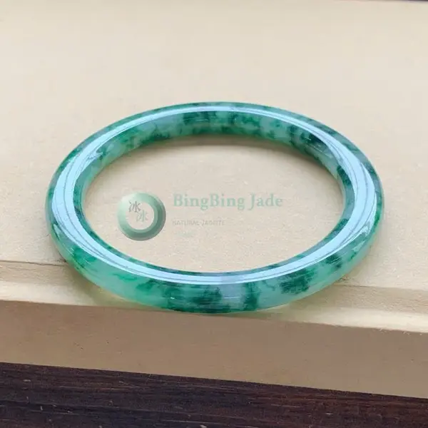 Emerald Bloom on Pale White Jadeite Bangle 53mm