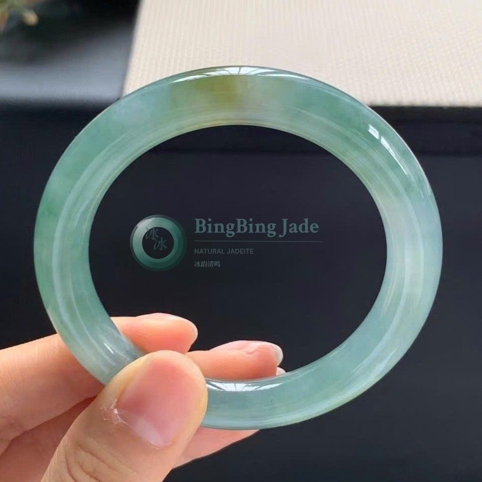 Soft Celadon Glow with Honey Moss Drift — Round Bangle 51mm