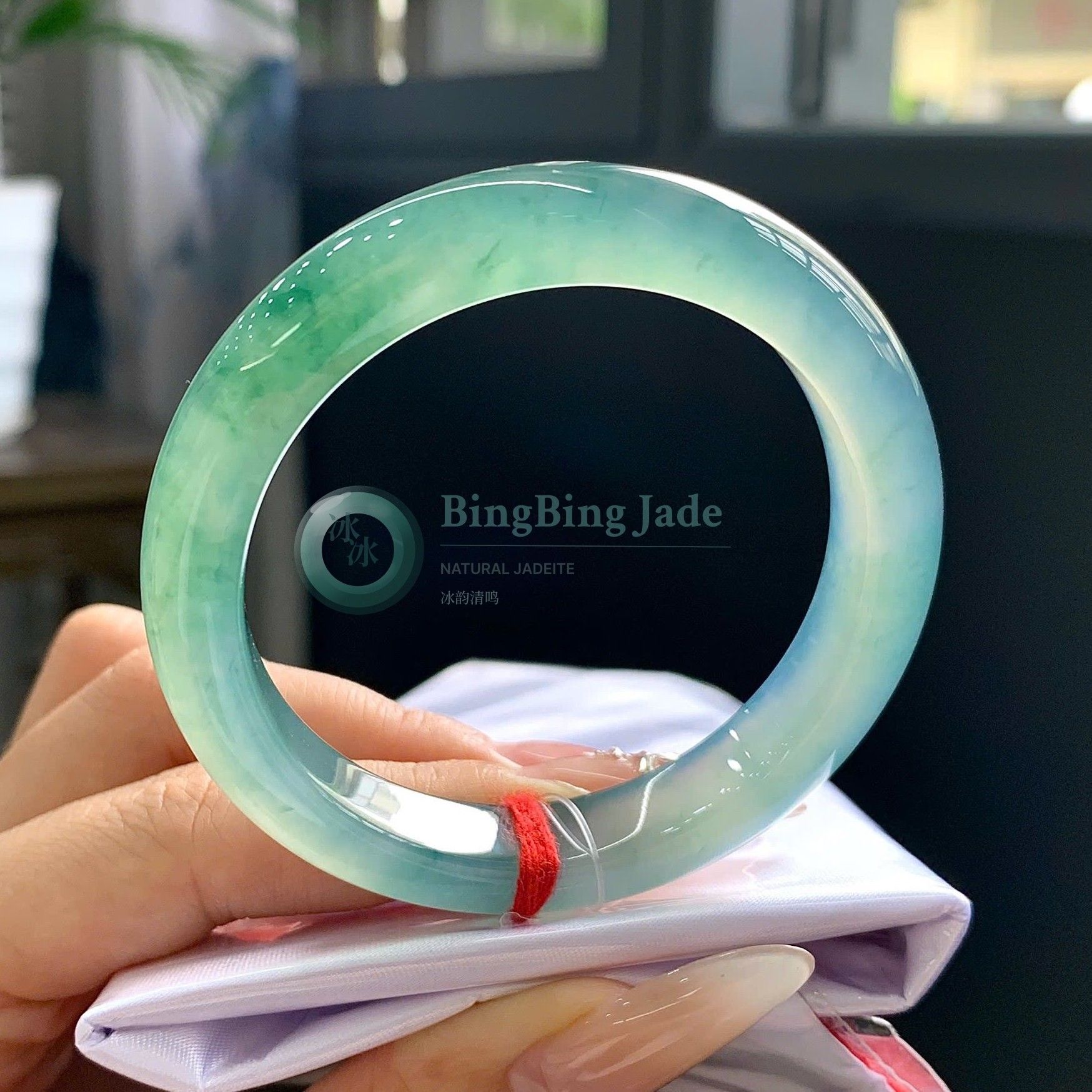 High Icy Aqua-Green Floating Bloom Jadeite Bangle 51mm