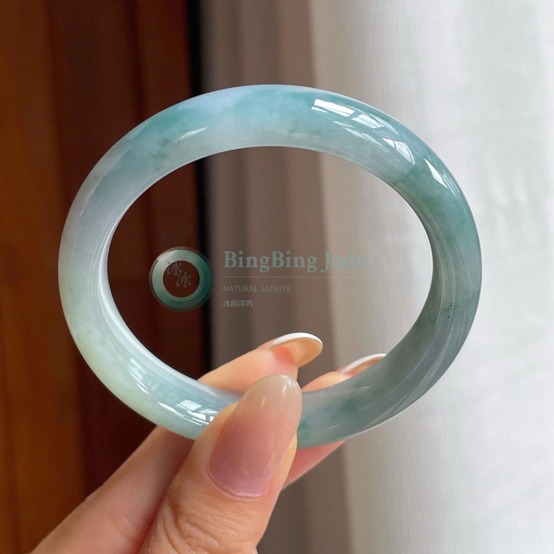 Soft Monet Aqua with Floating Green Clouds Bangle 53mm