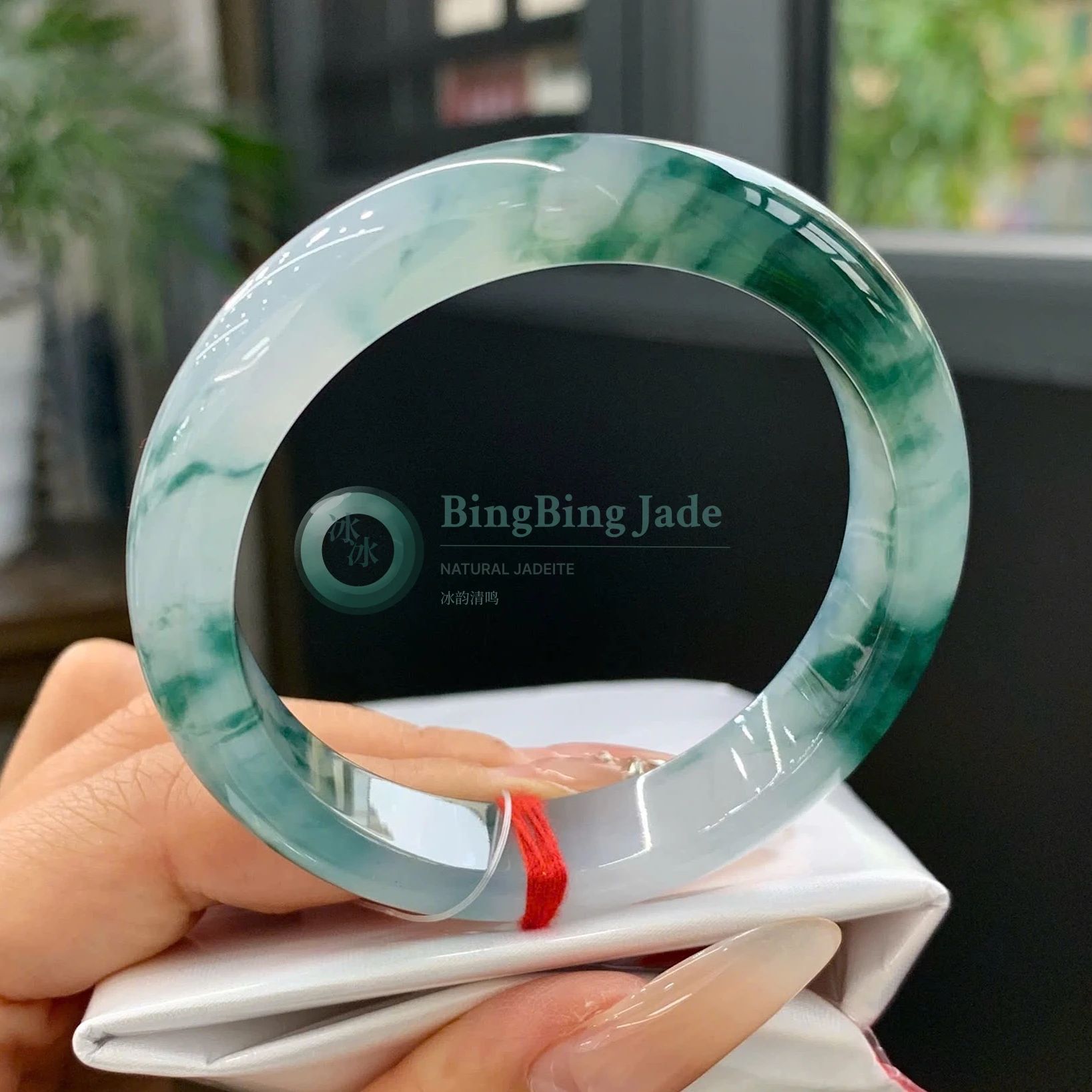 Icy Luminous Bangle with Floating Emerald Clouds — 53.6mm