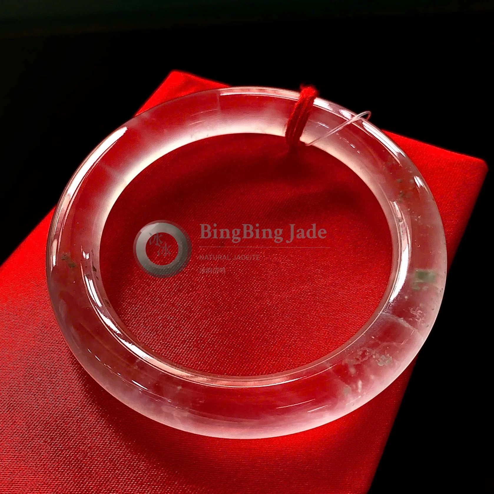 Glass-Water Clarity Jadeite Bangle 55mm — Near-Transparent with Floating Green Wisps
